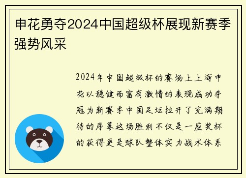 申花勇夺2024中国超级杯展现新赛季强势风采