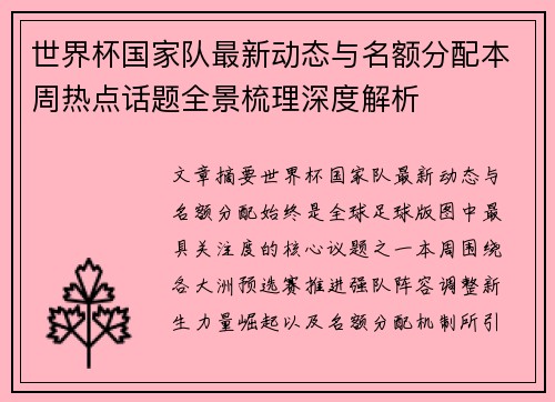 世界杯国家队最新动态与名额分配本周热点话题全景梳理深度解析 世界杯国家队最新动态与名额分配本周热点话题全景梳理深度解析